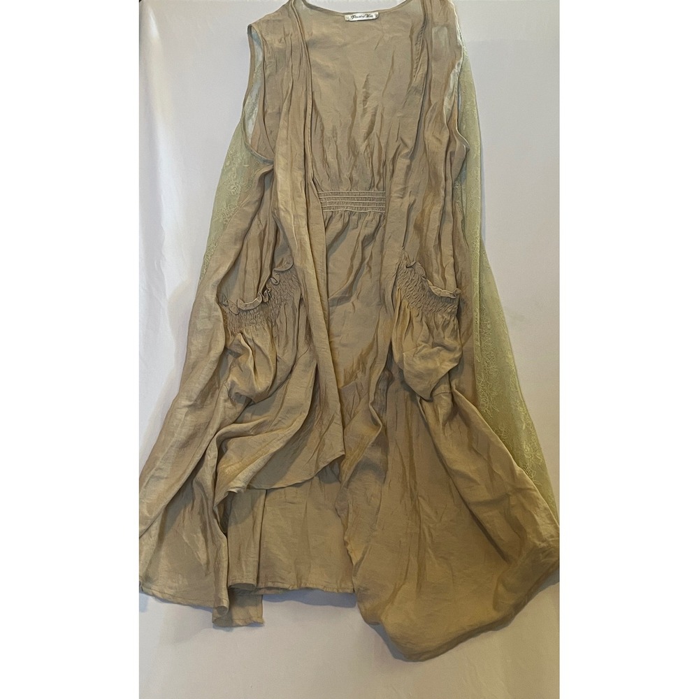 Paisley Vine Tan Lace Panel Open Front Sleeveless Cardigan Vest Boho Duster